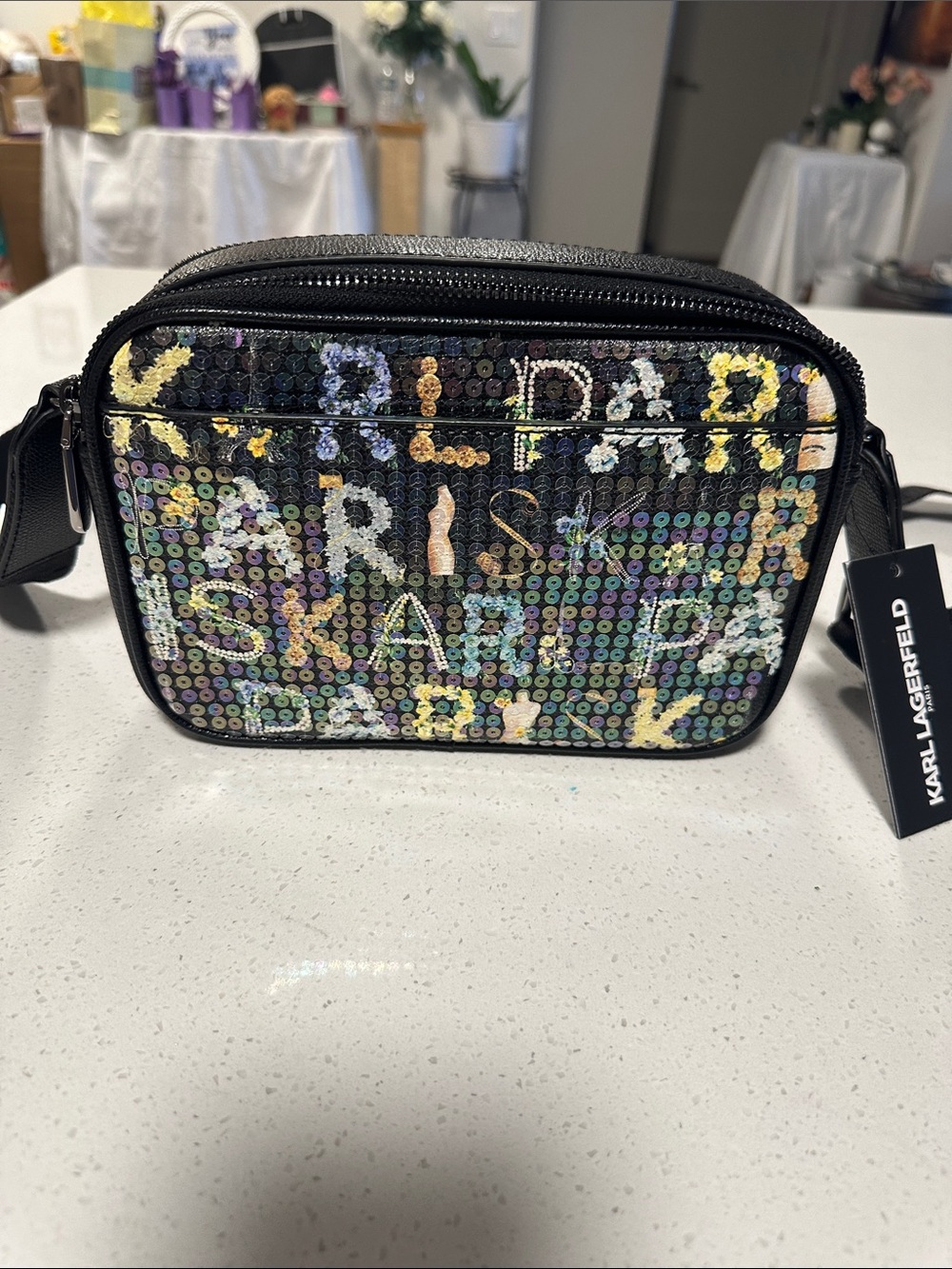 Karl Lagerfeld Paris Maybelle Logo Black Sequin Belt Bag,Crossbody,  NWT